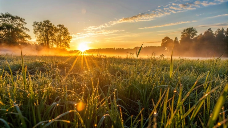 Golden sunrise over a dewy field