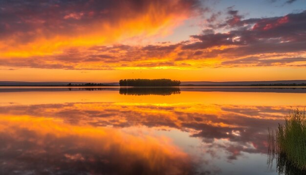 無料写真 ai によって生成された、静かな水と森の上に鮮やかな空を映す金色の夕日