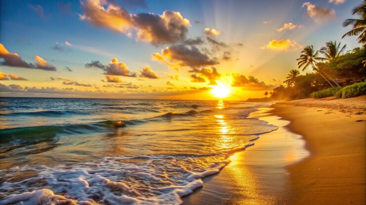 Golden sunset over a tropical beach with palm trees