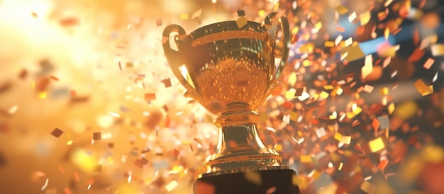 Free photo golden trophy cup with confetti on golden background