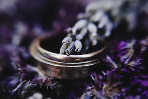 Golden wedding rings lie on the bouquet of violet lavander