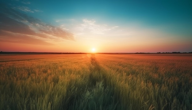 Золотые пшеничные и ячменные поля на рассвете, сгенерированные ИИ