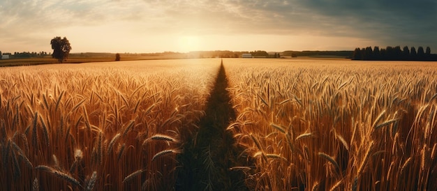 Бесплатное фото Золотое пшеничное поле на закате, сгенерированное ai изображение