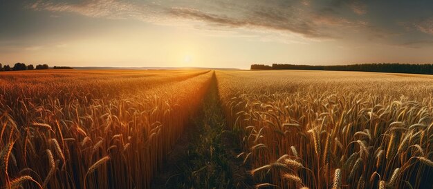 Golden wheat field at sunset AI Generated Image