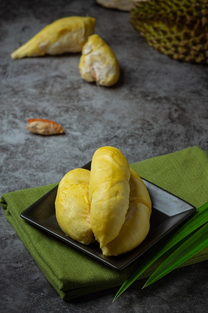 Golden yellow durian flesh Seasonal fruit Thai fruit concept.