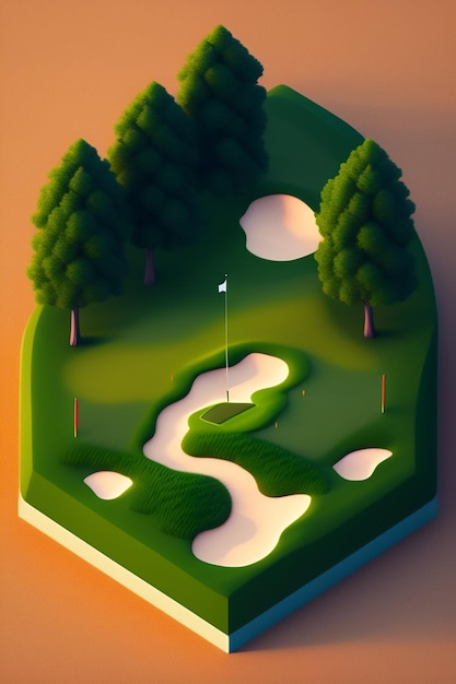 Un campo da golf con un campo da golf e alberi sullo sfondo.