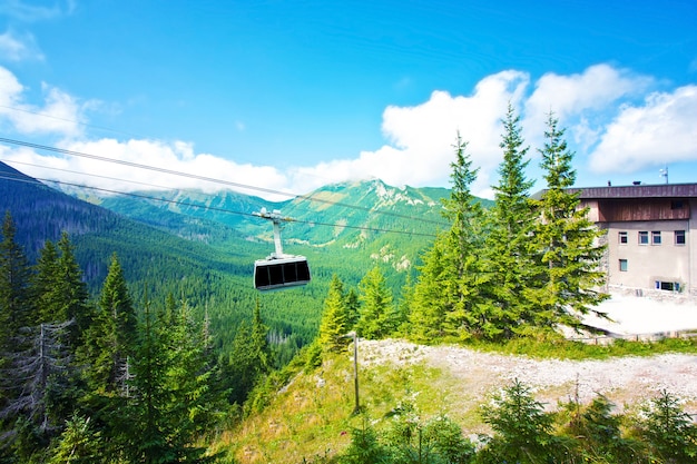 Gondola cable car in mountains.