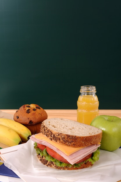 Free photo good breakfast with blackboard background