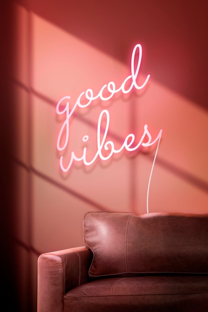 Good vibes neon sign in authentic cafe