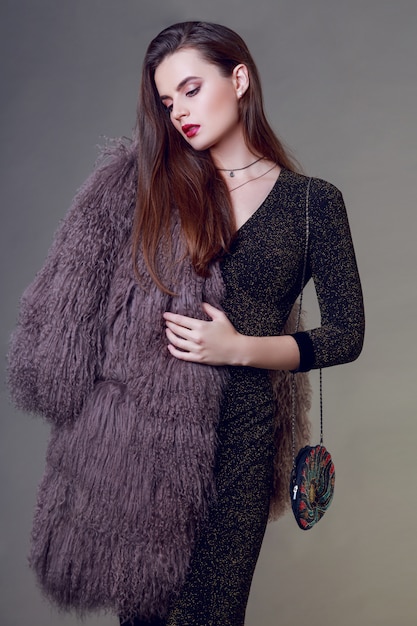 black women dress with fur long sleeves