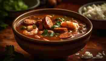 Free photo gourmet beef stew in rustic crockery bowl generated by ai