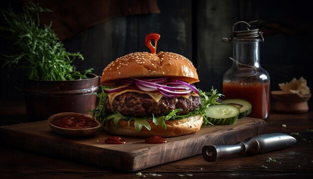 Gourmet cheeseburger grilled on rustic wood table generated by AI