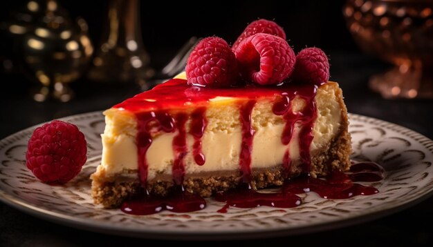 Gourmet cheesecake slice with raspberry and chocolate generated by AI