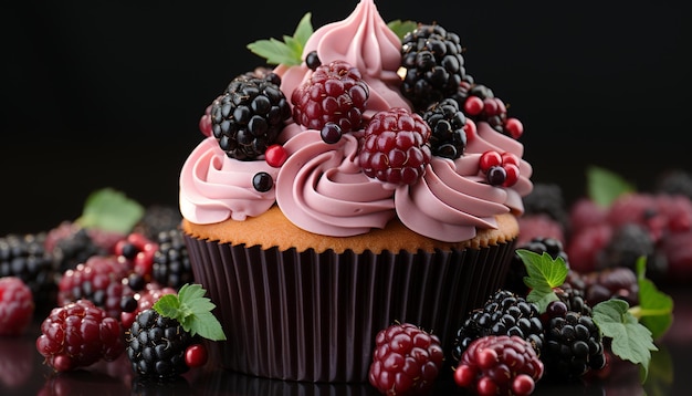 Gourmet cupcake with fresh berries homemade indulgence on wood generated by artificial intelligence