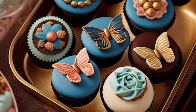 Free photo gourmet cupcakes with sugary blue decorations indulgent indulgence generated by ai
