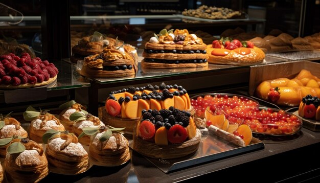 Gourmet dessert buffet fruit chocolate and fresh berries generated by AI