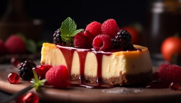 Free photo gourmet dessert plate raspberry cheesecake mousse indulgence generated by ai