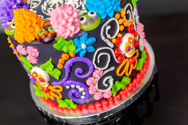 Premium Photo Gourmet Dia De Los Muertos Cake Decorated With Colorful Buttercream Frosting And Gummy Cupcake Toppers