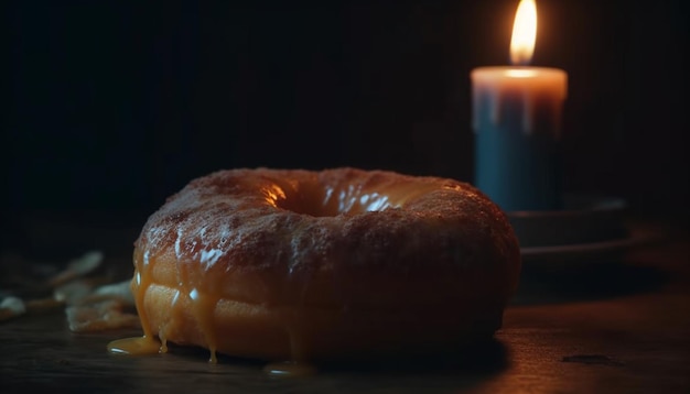 Gourmet donut with chocolate icing on wood table generated by AI