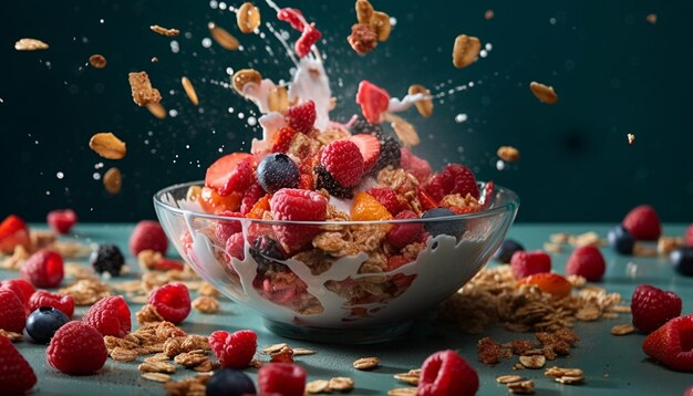 Gourmet granola bowl AI가 생성한 신선한 베리와 바삭바삭한 아몬드