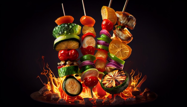 Gourmet grilled meat skewers with fresh vegetables generative AI