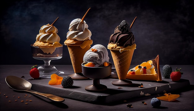 Мороженое для гурманов, шоколадное мороженое и малина, созданные искусственным интеллектом