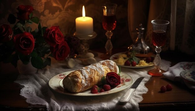 Foto gratuita pasto gourmet su tavola rustica con vino generato da ai