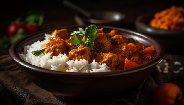 Gourmet meal of steamed basmati rice and curry generated by AI