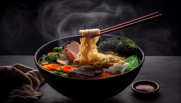 Gourmet meal with chopsticks in steaming bowl generative AI