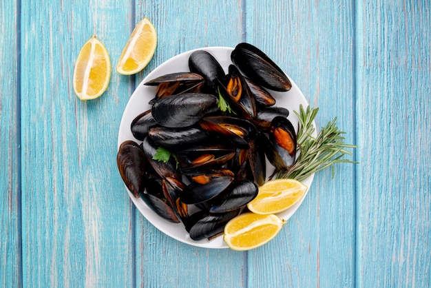 Gourmet mussels dish in flat lay