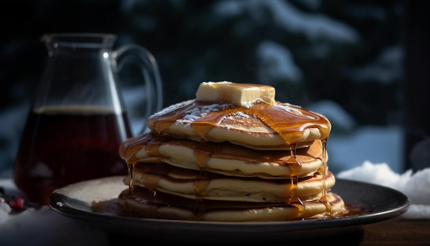 Foto gratuita pila di frittelle gourmet con sciroppo di miele versato generato dall'intelligenza artificiale