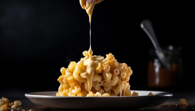 Gourmet pasta meal on wooden table outdoors generated by AI