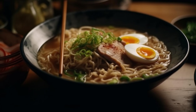 Free photo gourmet ramen noodles with pork and vegetables generated by ai