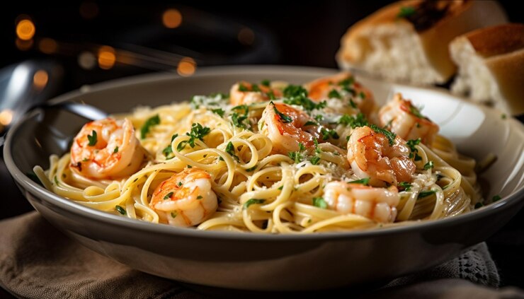 無料Photo ai によって生成された素朴なイタリアン プレートのグルメ シーフード パスタ