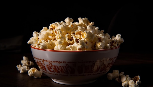 Gourmet sweetcorn in a movie theater bowl generated by AI