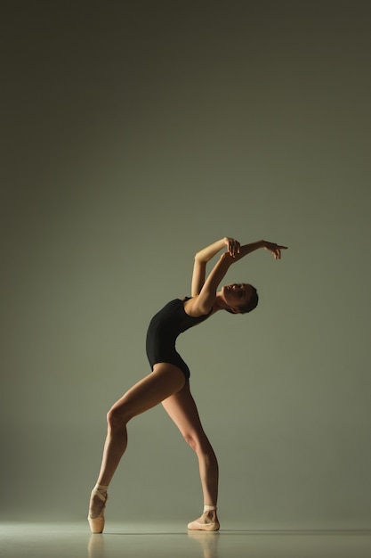 Graziosa ballerina o ballerina classica danza isolata su sfondo grigio studio. mostrando flessibilità e grazia. il concetto di danza, artista, contemporaneo, movimento, azione e movimento.