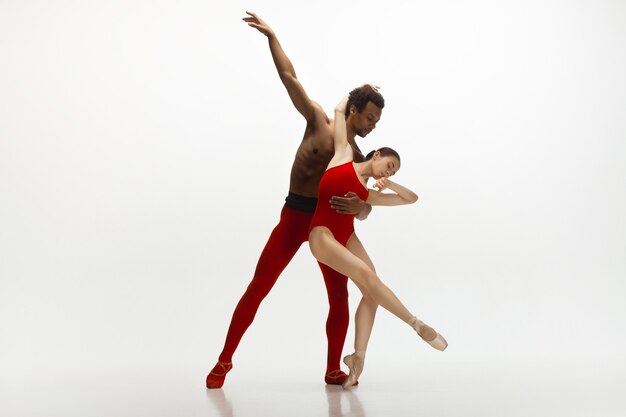 Изящные классические танцоры балета танцуют на белом фоне студии. Паре в ярко-красных одеждах нравится сочетание вина и молока. Изящество, художник, движение, действие и концепция движения.