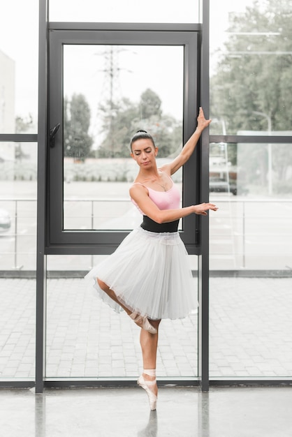 A graceful female classical ballet dancer on pointe shoes
