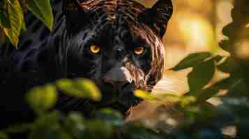 Free photo graceful panther gracefully moving through the foliage its coat shimmering in the dappled sunlight