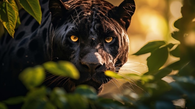 Бесплатное фото Грациозная пантера грациозно движется по листьям ее пальто мерцает в пятнистом солнечном свете