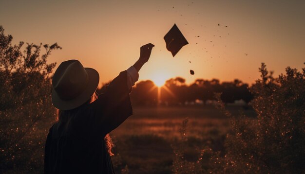 Graduates celebrate success outdoors throwing diplomas joyfully generated by AI
