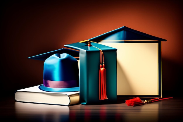 A graduation cap and a book on a table