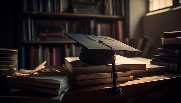 Un berretto di laurea si trova in cima a una pila di libri.