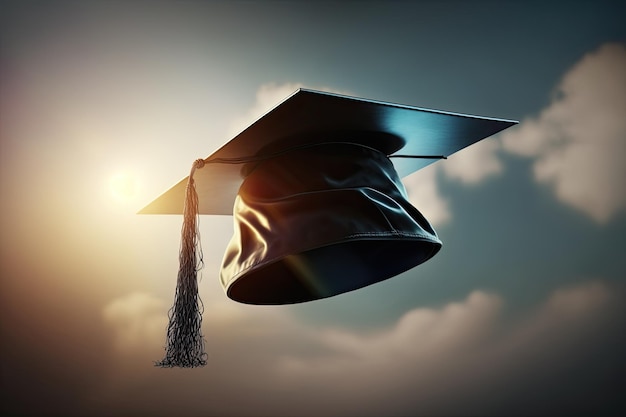 空を背景に空中に投げ出された卒業帽 夕方の光 式典 卒業式の日 人工知能
