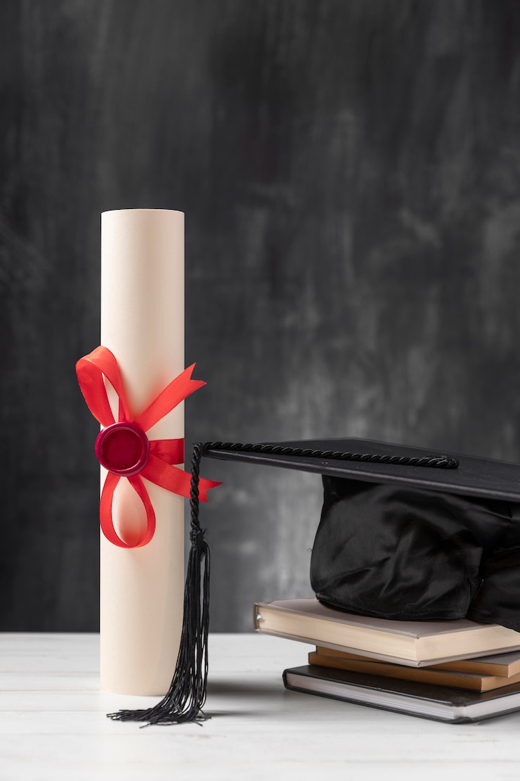 Free Photo gradution diploma and toga hat
