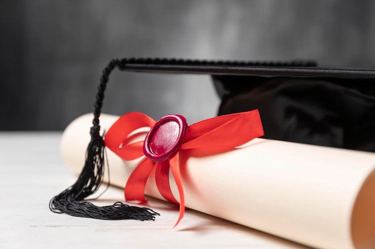 Free Photo gradution diploma and toga hat