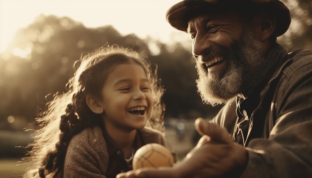 Grandfather holding ball carefree family enjoying sunset generated by AI
