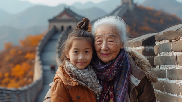祖母と孫が中国の大壁を訪れる