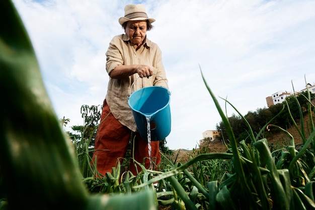 Grandma watering plants in the garden