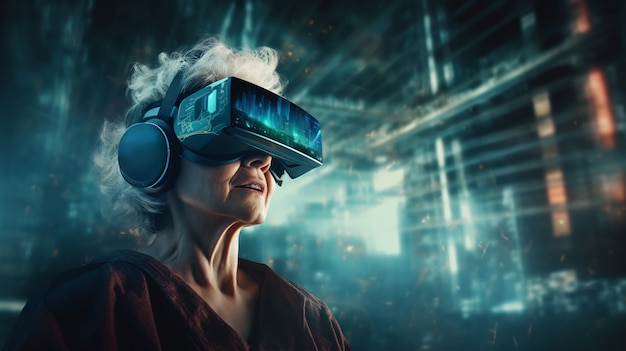 Бабушка в очках виртуальной реальности в футуристическом городе